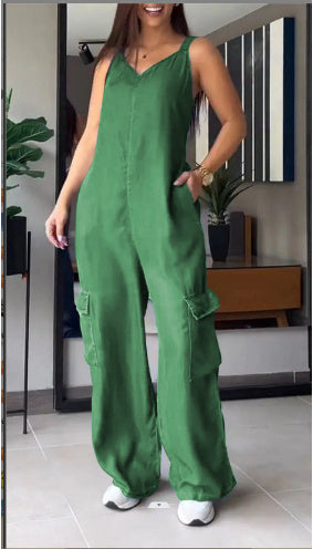 European and American Style V-Neck Jumpsuit with Thin Jeans Fabric and Pockets