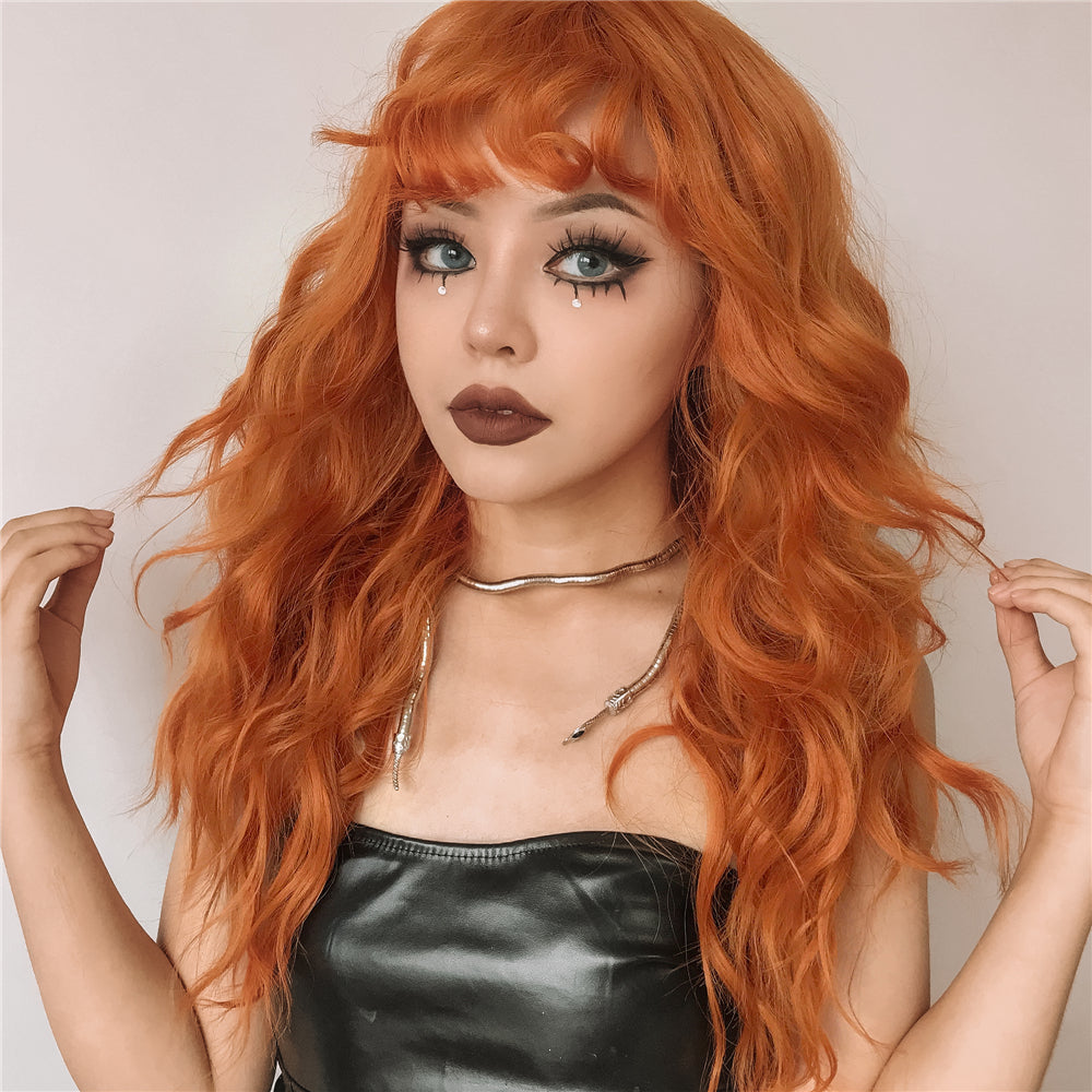 Orange Long Curly Hair With Bangs Wig