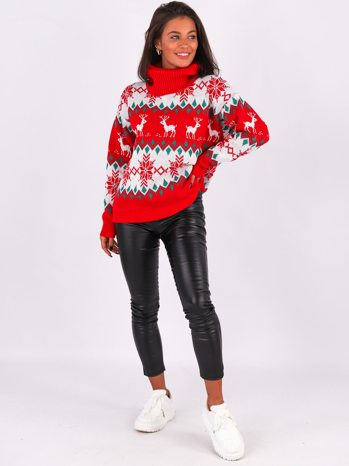 Women's Christmas Reindeer Xmas Snowflake Patterns Turtleneck Knitted Sweater