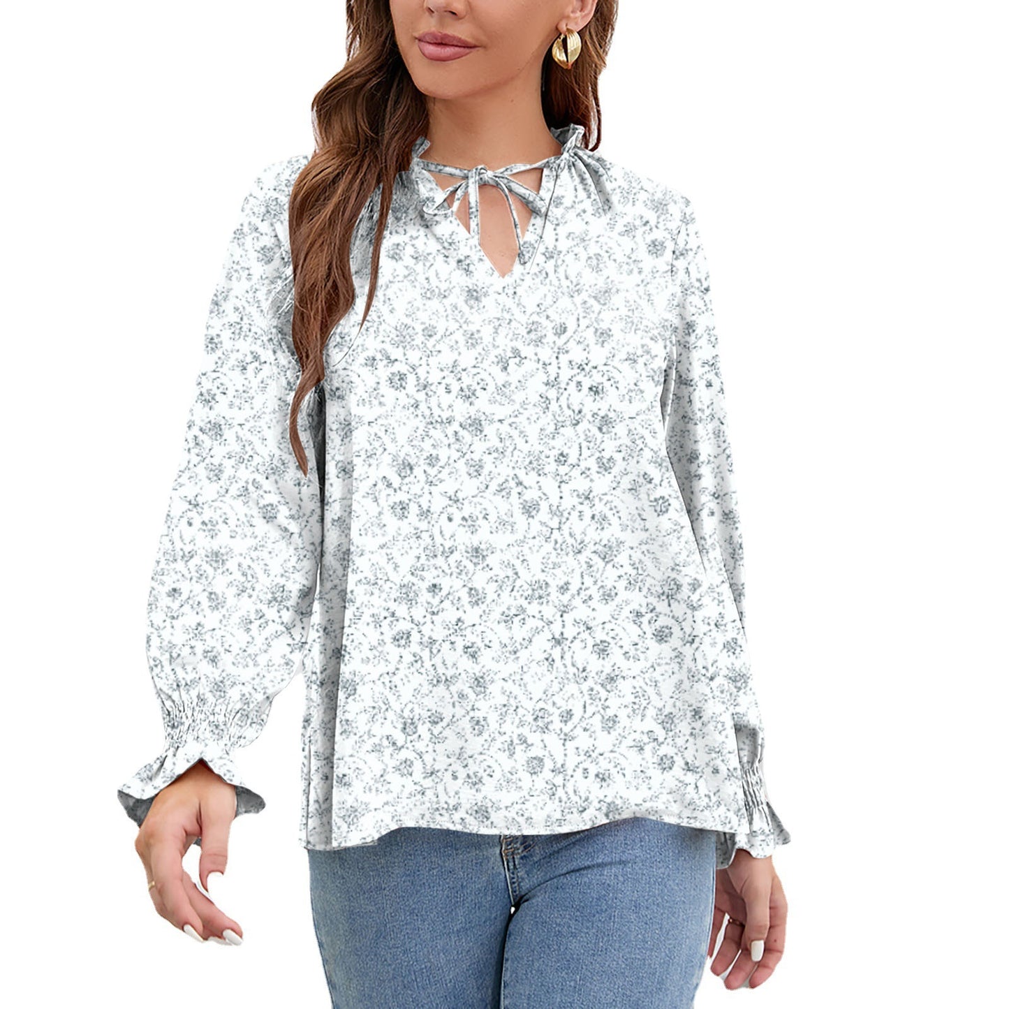 V-neck Ruffle Chiffon Shirt in European and American Style with Long Sleeves