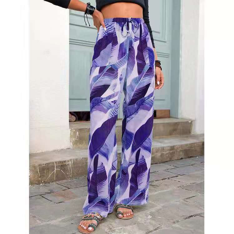 Casual Loose Wide Leg Straight Trousers: Fashion Drawstring Leaf Print Beach Pants