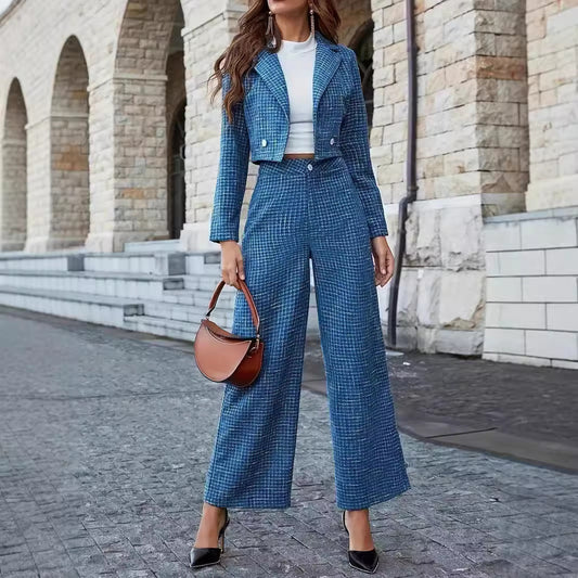 Women's Double-Breasted Lapel Blazer with Wide-Leg Pants Set