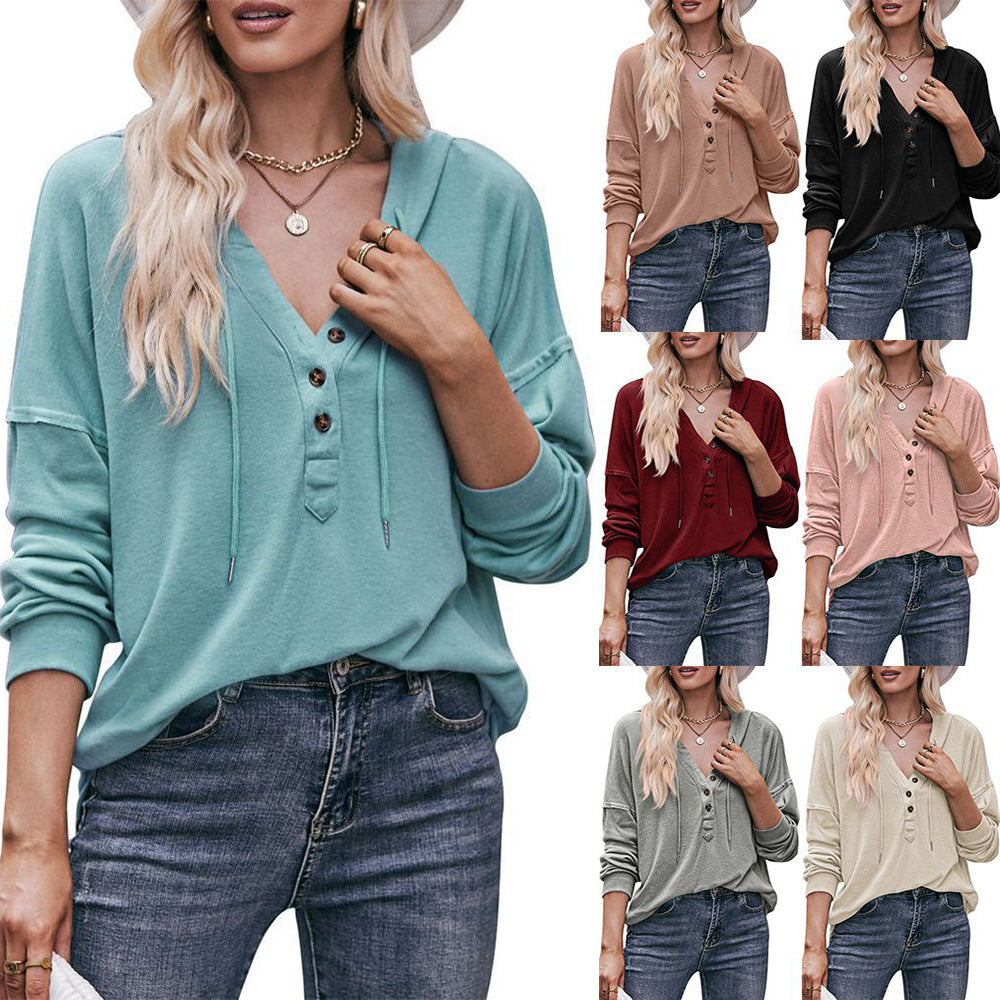 Hooded Sweaters V-neck Drawstring Pullover Sweatshirt Women Tops