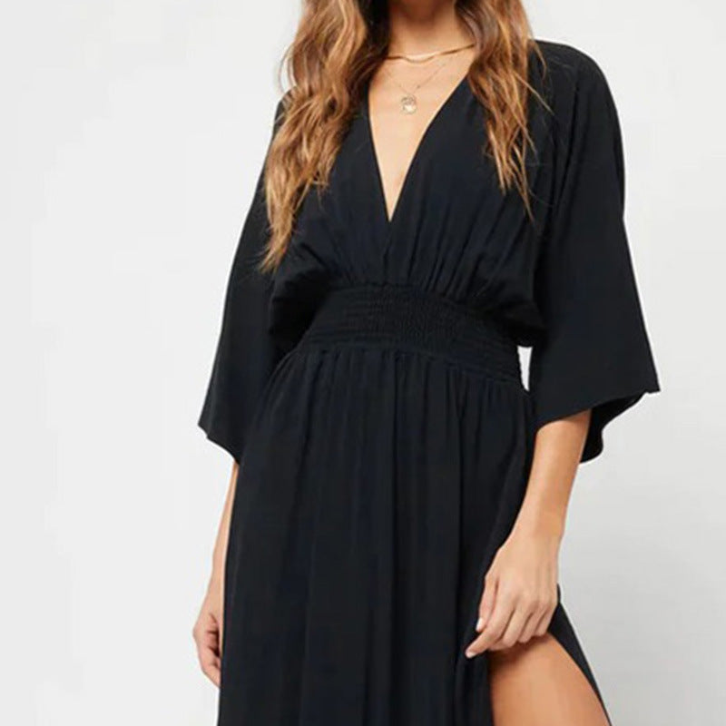 V-neck, Low-cut Backless 3/4 Sleeve Dress