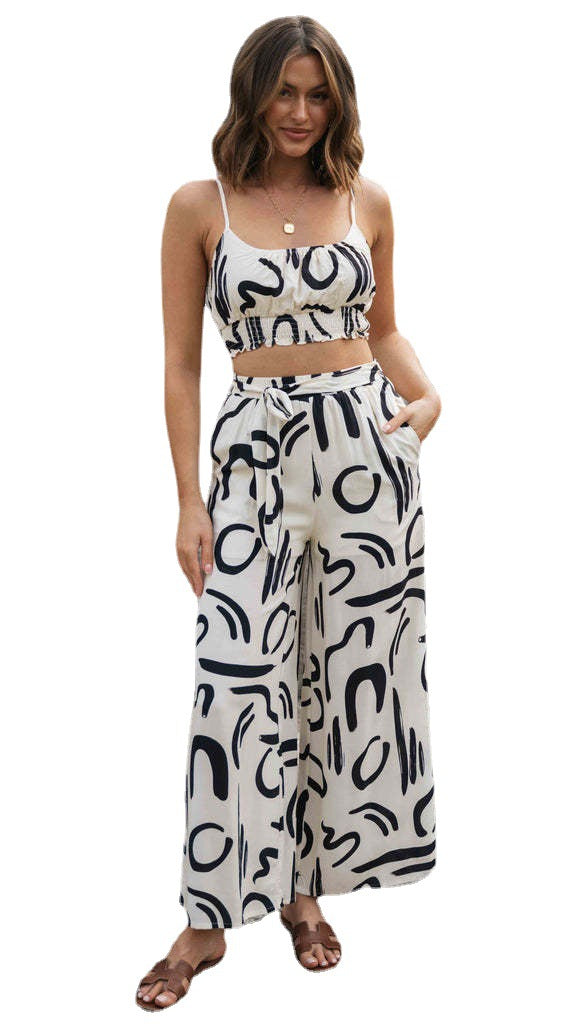 Women's Clothing New Printed Sleeveless Strap Short Top Long Wide-leg Pants