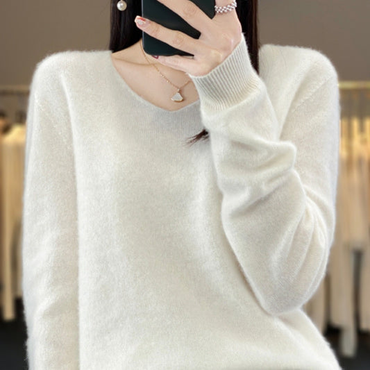 Women's V-Neck Wool Sweater - Solid Color Loose-Fitting Versatile Top for Autumn and Winter