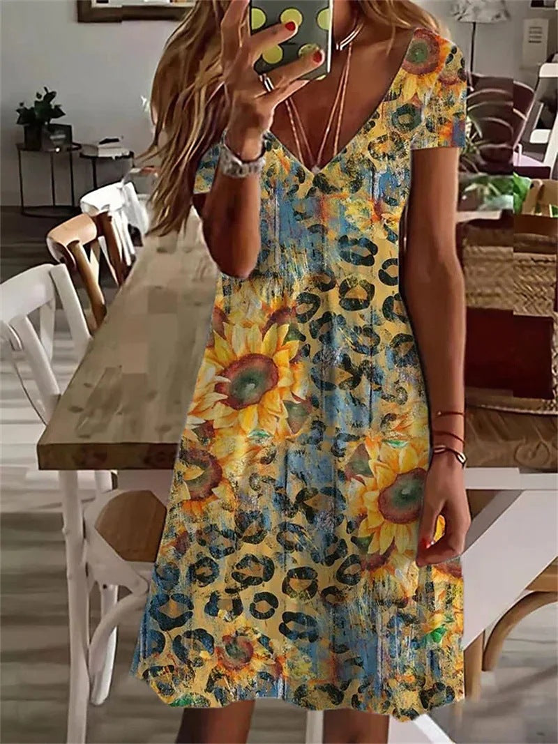 Plus Size Women's V-neck Vacation Style Printed Dress