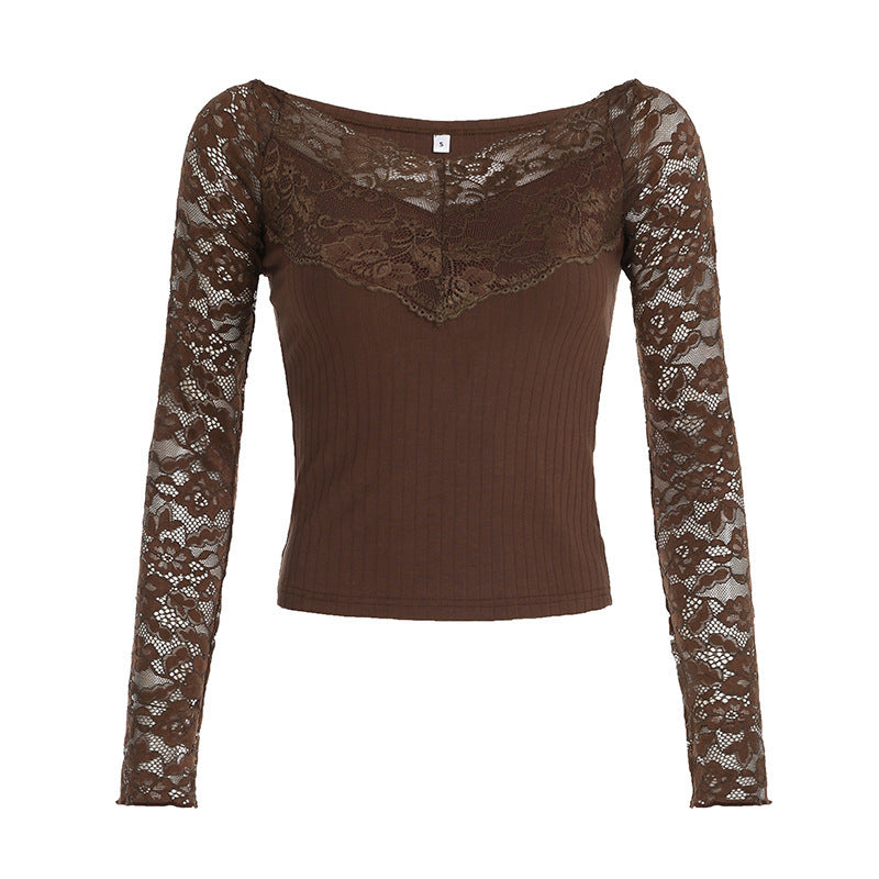 European and American V-Neck Lace Jacquard Knit Top for Women