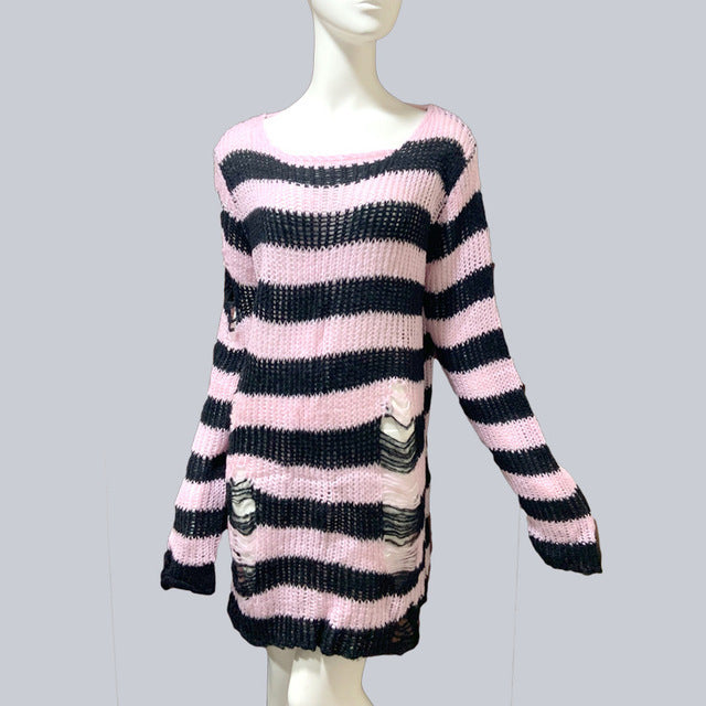 Womens Striped Loose Knitwear With Ripped Mid-length Sweater