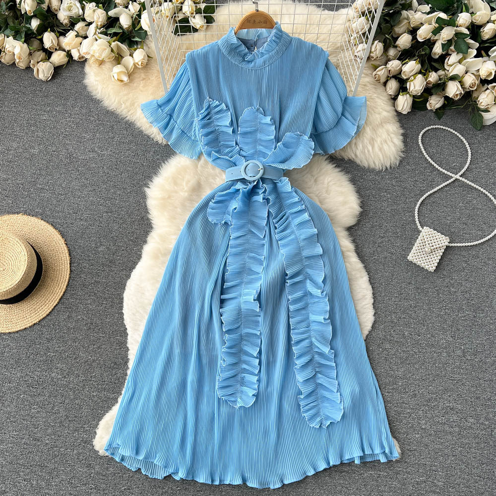 Pleated Ruffled Dress with Waist-Slimming Long Sleeves