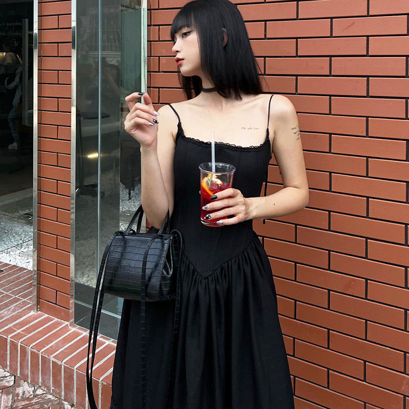 American Lace-up Bow Collar Solid Color Graceful Slip Dress Women