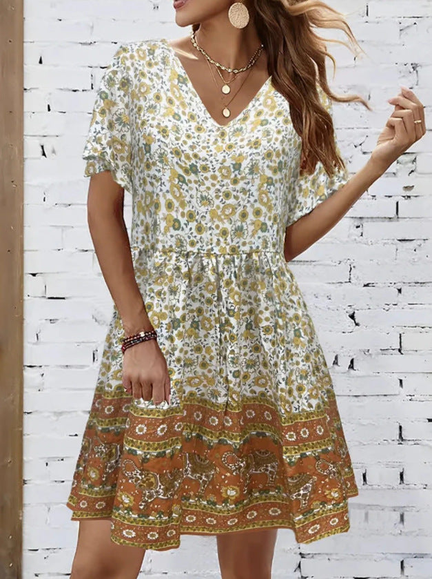 V-neck Short-Sleeved Printed Sleep Dress