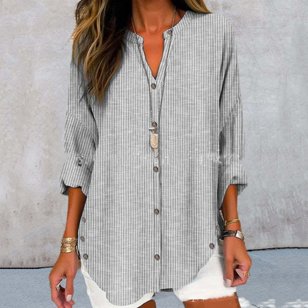 Casual Fashion Button Striped Long Sleeve Solid Color Shirt