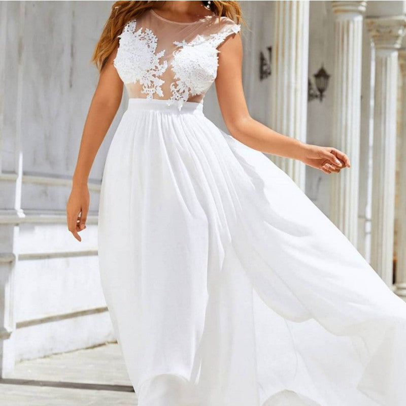 Chiffon Lace Trailing Wedding Gown Elegant Look