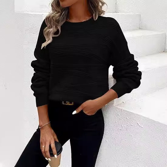 Corrugated Knitted Pullover Long-Sleeved Top