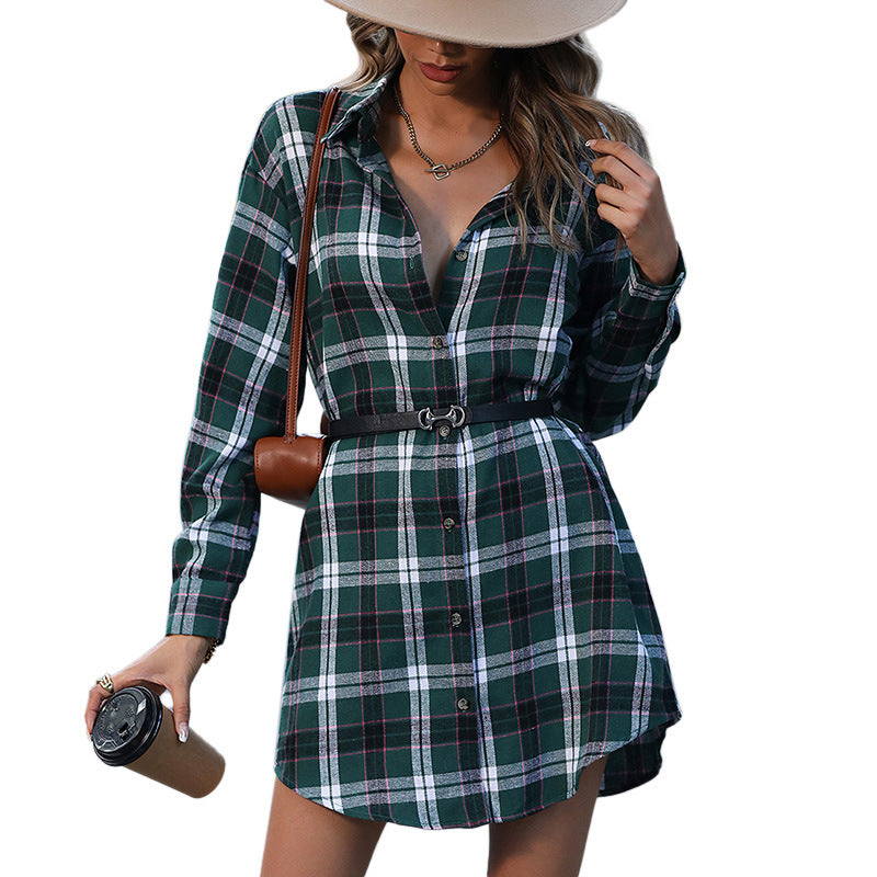 Women's Fashion Long Plaid Shirt Dress