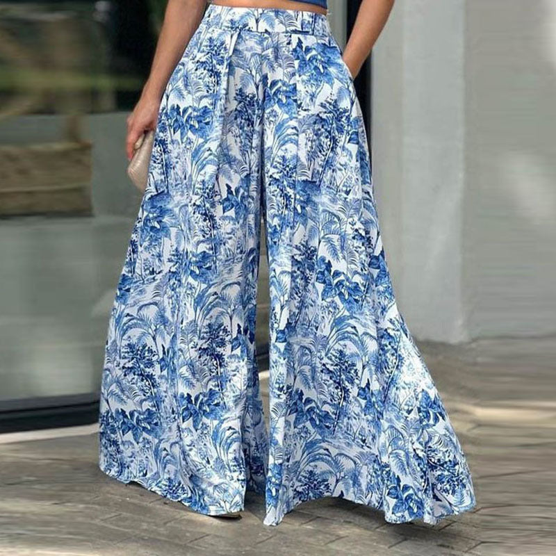 Puff Sleeve Cross Hem Short Top Printed Wide Leg Pants Suit