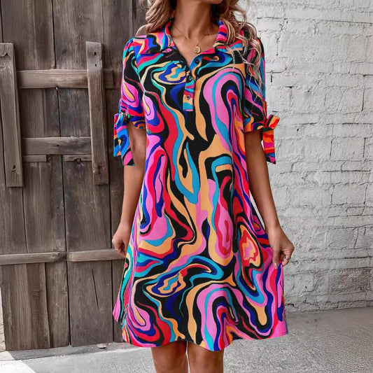 Casual Fluid Print Shirt Dress with Half Sleeves and Bow Detail