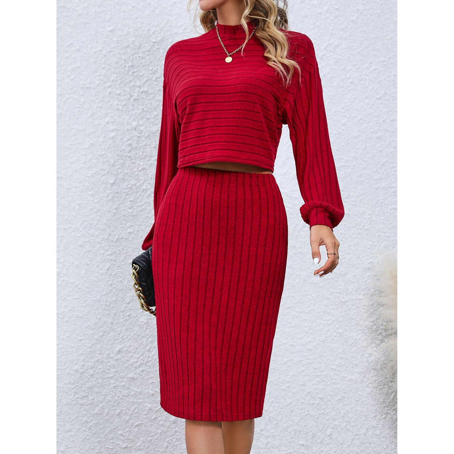 Two-Piece Set with Solid Color Long Sleeve Top and Hip Skirt