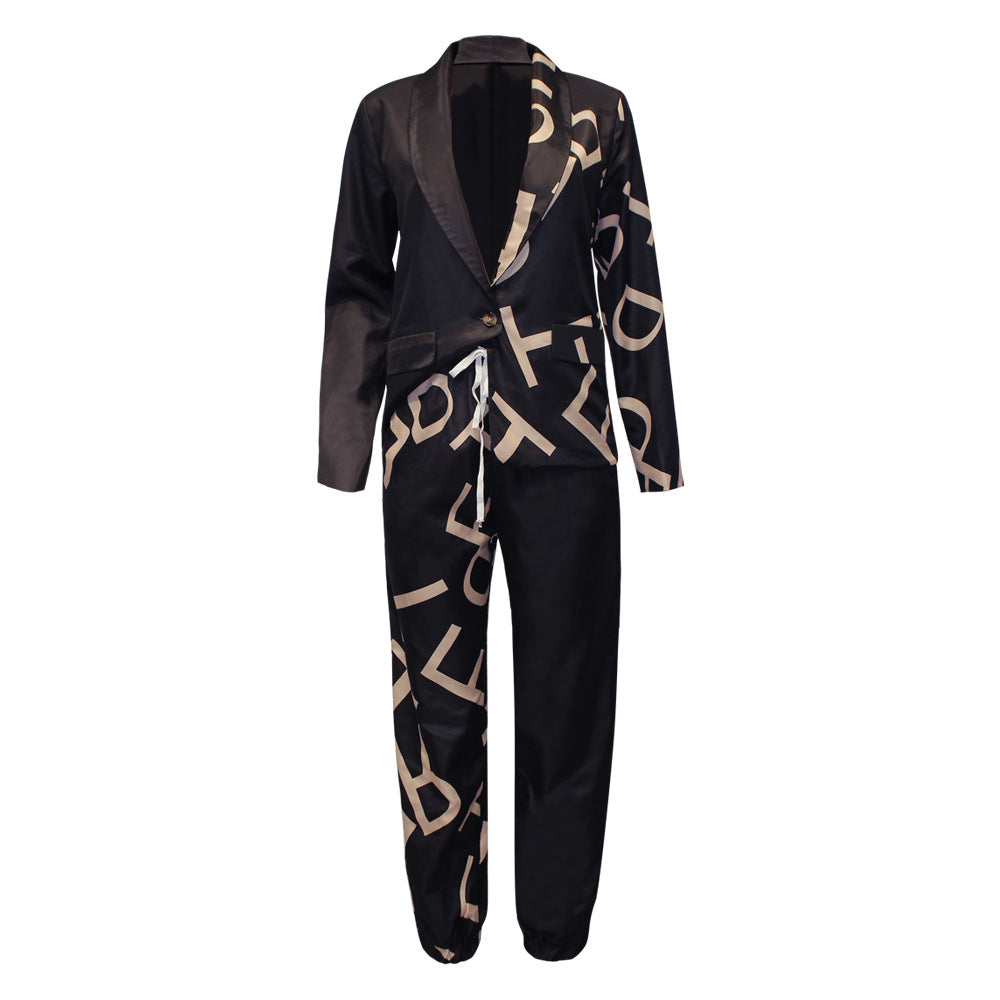 Women's Fashionable Printed Long-sleeved Lapel Casual Suit