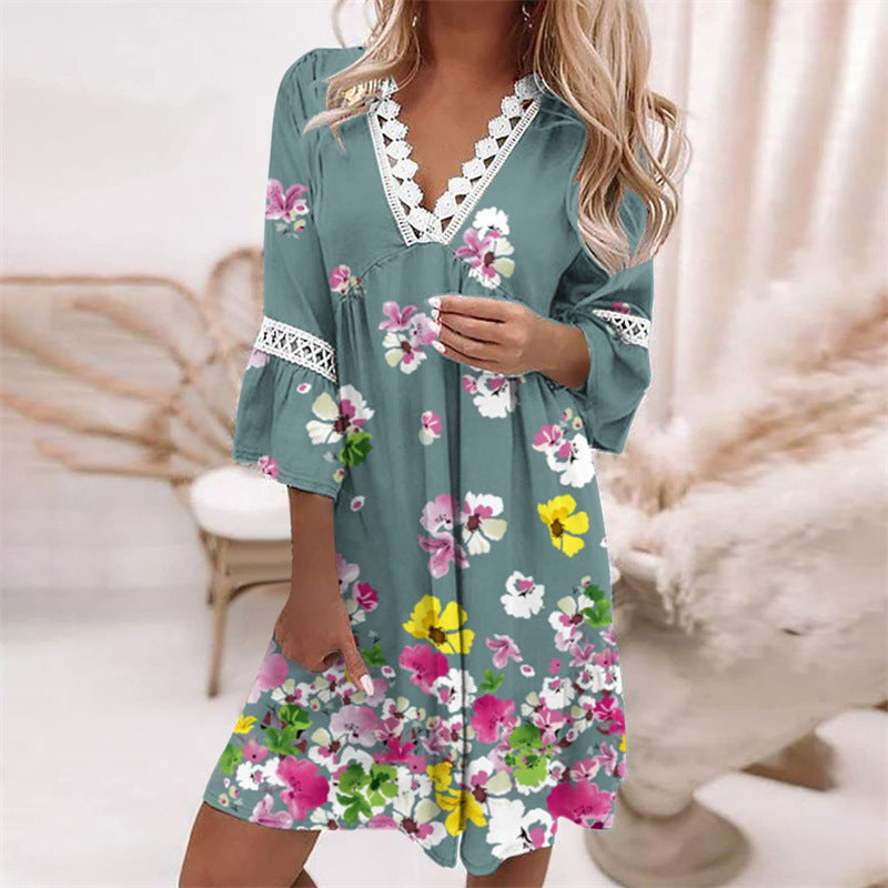 Women's Lace V-neck Patchwork Loose Casual Dress