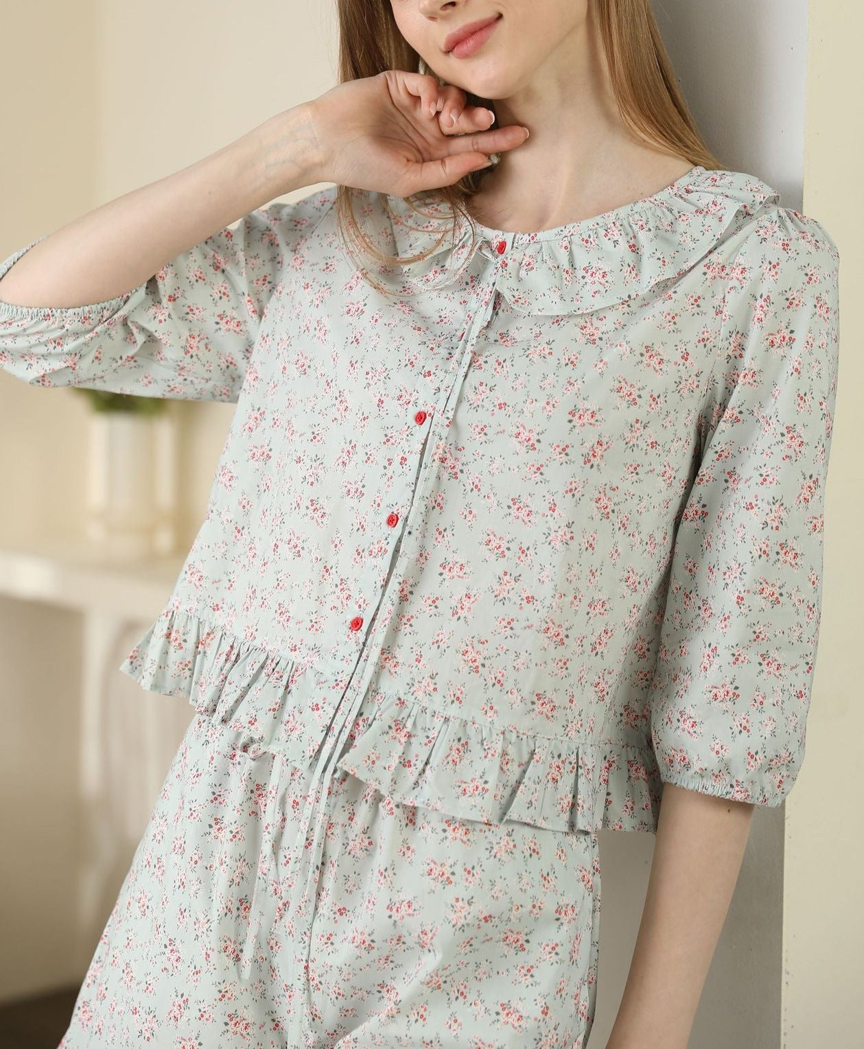 Floral Cardigan Pajama Set Lace Collar