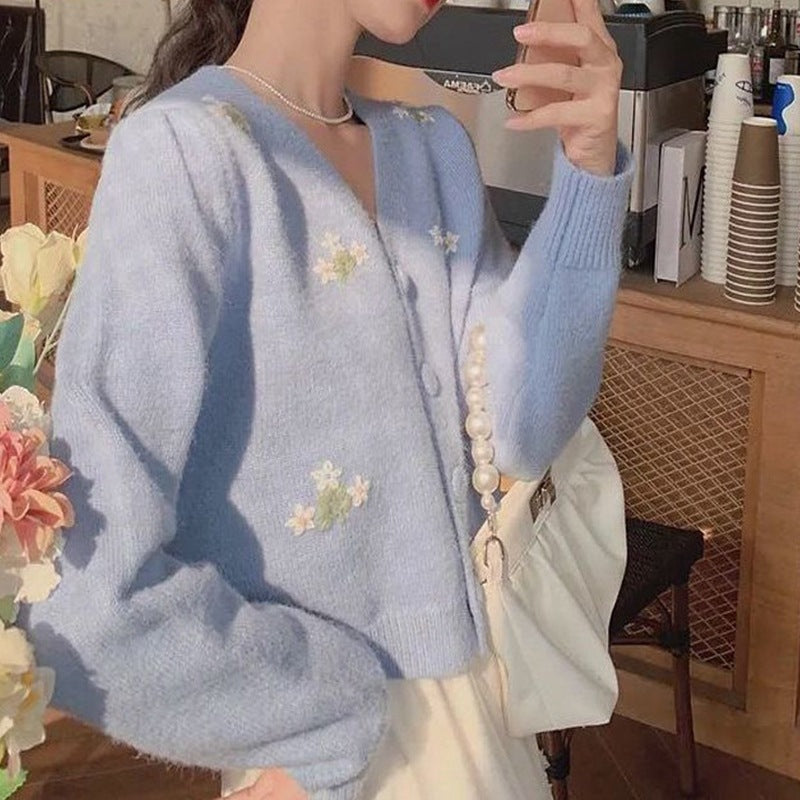 Embroidered Knitted Cardigan Women's Long-sleeved Top