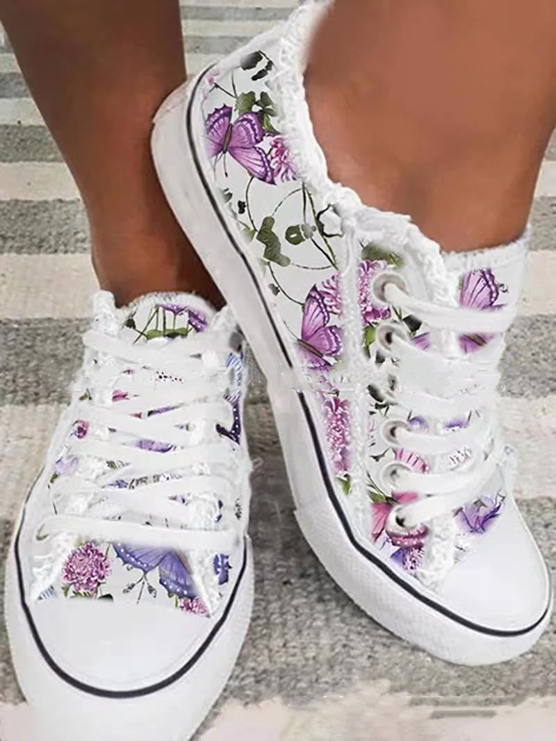 White Floral Canvas Shoes for Women in Large Sizes