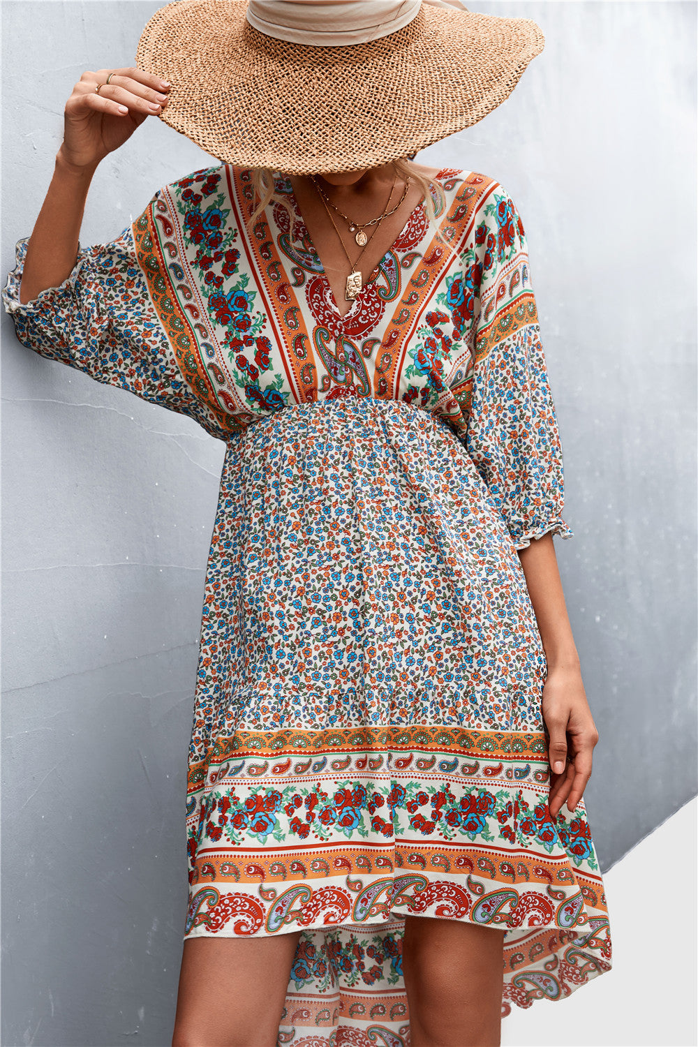 Bohemian V-Neck Irregular Backless Dress with Floral Accents