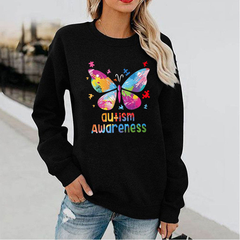 Women's Butterfly Print Long Sleeve Hoodless Round Neck Sweatshirt