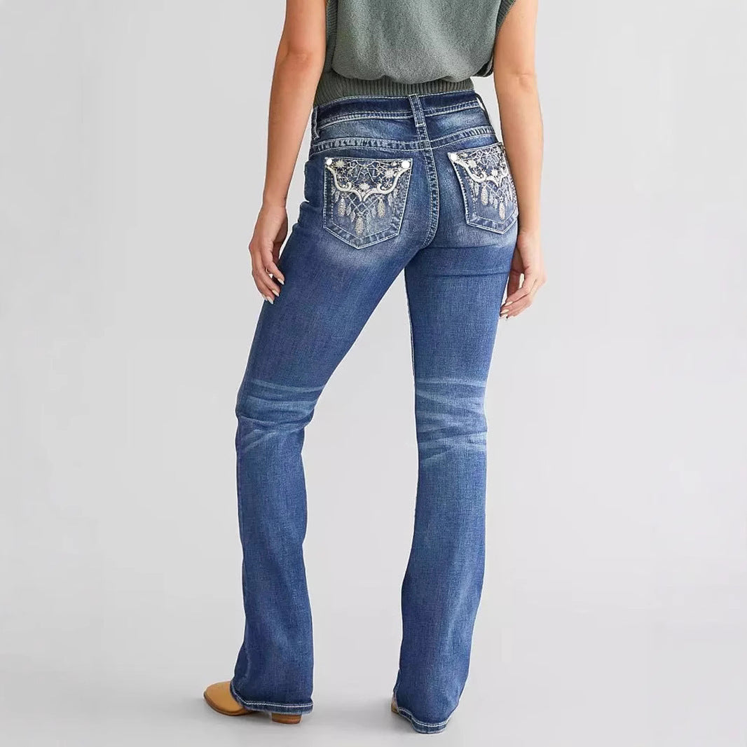 Women's Embroidered Denim Bootcut Trousers - Fashionable and Stylish