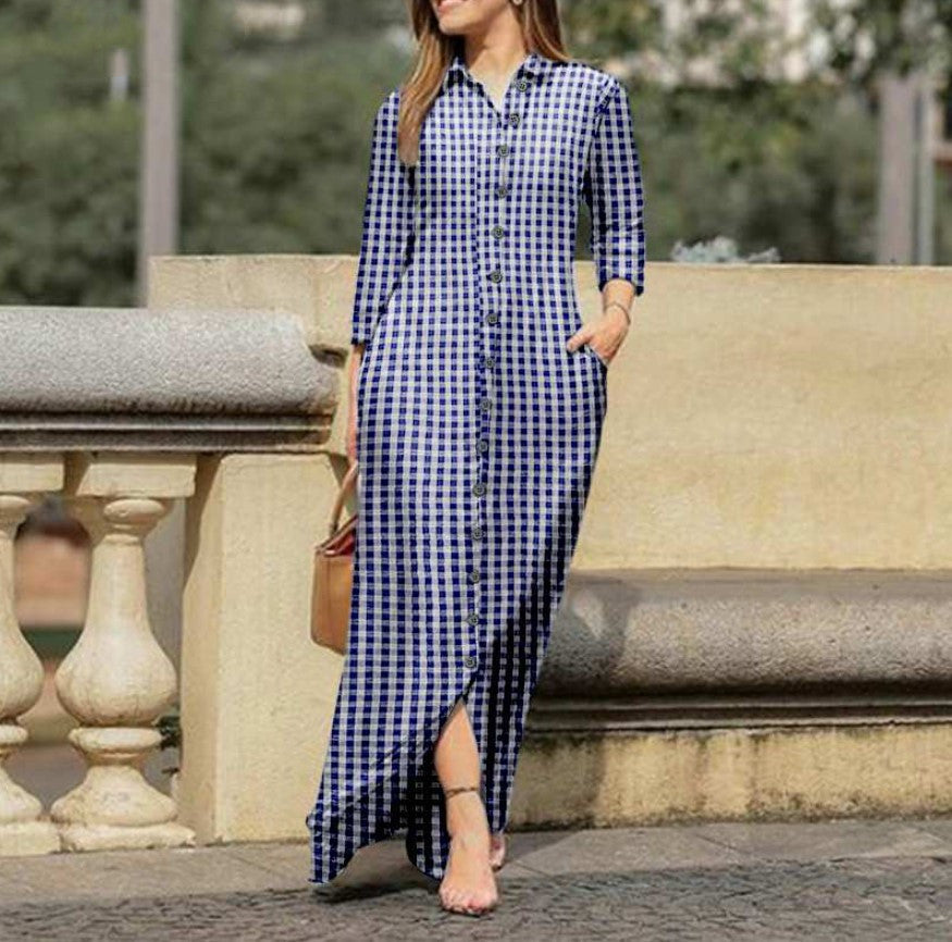 Women's Long Sleeve Plaid Maxi Dress Lapel Collar and Button Dress