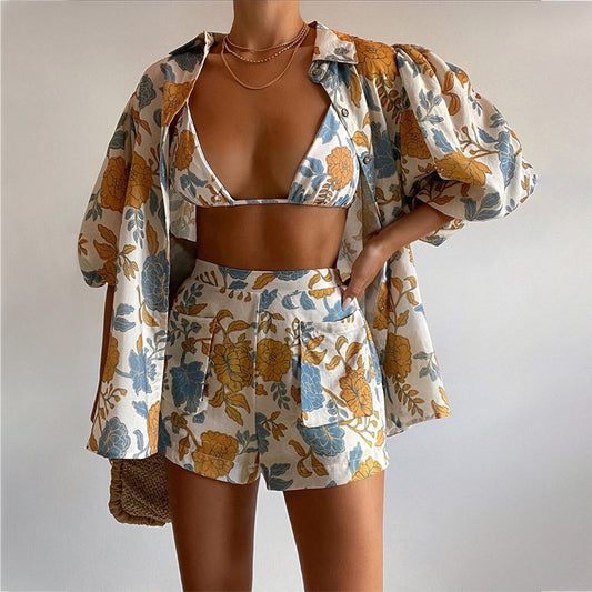 Women's Fashion Print Shirt Vest Shorts Three Piece Set