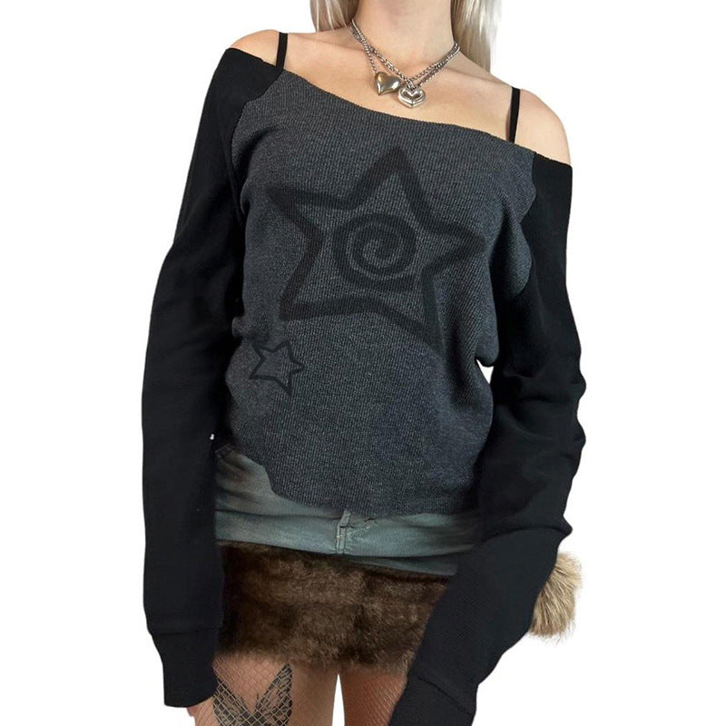 Women's Color Contrast Sweater with Hot Girl Print