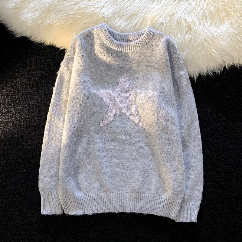 Star Print Round Neck BF Pullover Sweater