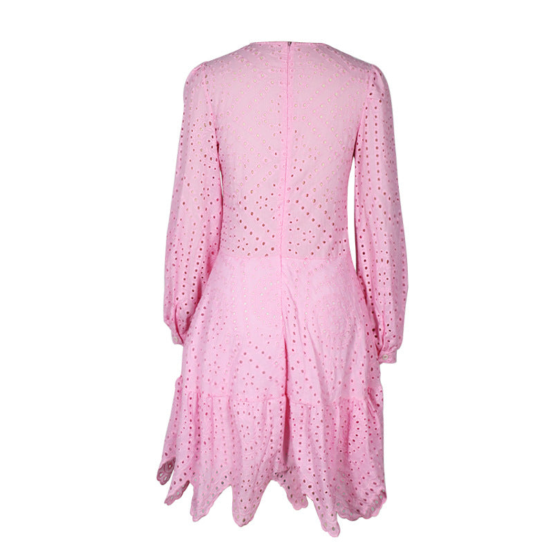 Ladies Fashion Round Neck Long Sleeve Combed Cotton Embroidered Dress