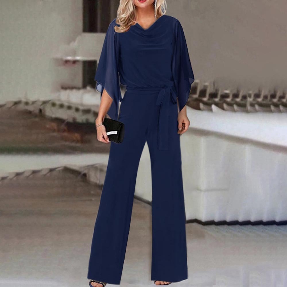 Women's Fashion Solid Color High Waist Lace-Up Casual Jumpsuit with Straight-Leg Pants