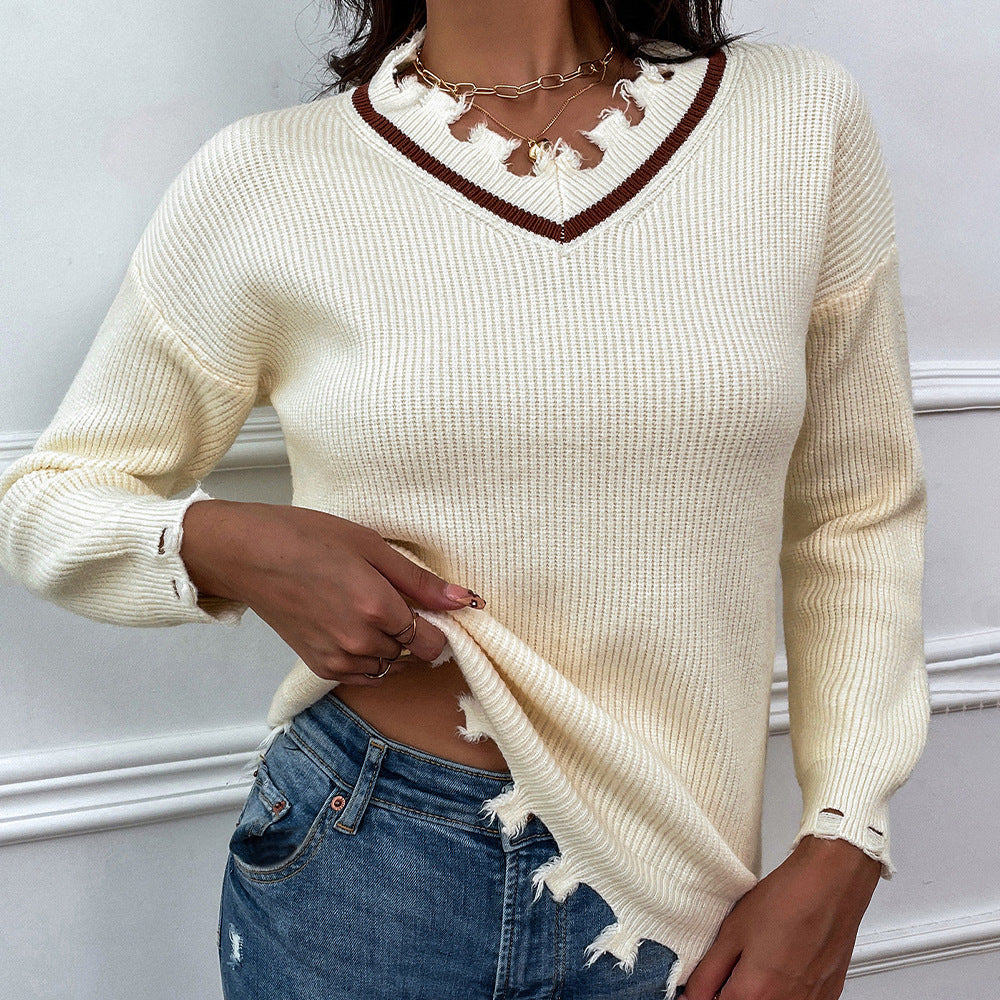 V-neck Solid Color Loose-fitting Women's Knitwear Sweater