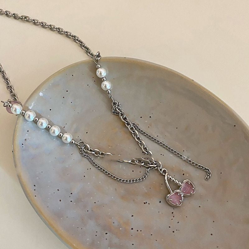 Pearl Stitching Cherry Necklace Clavicle Chain