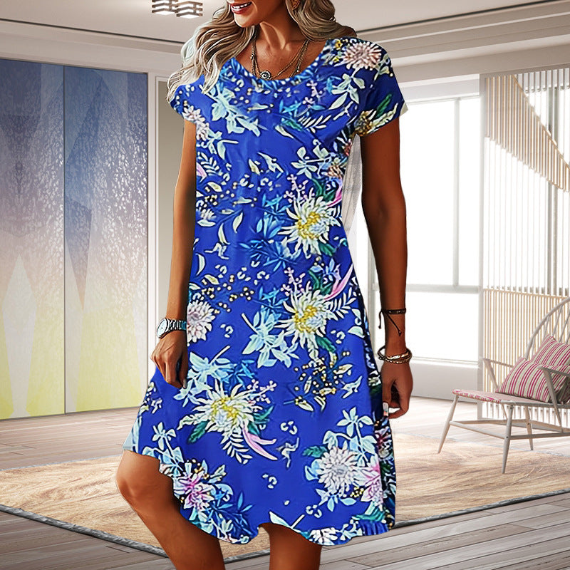 Casual Round Neck Loose Printed Short Sleeve Dress for Women's Summer Fashion