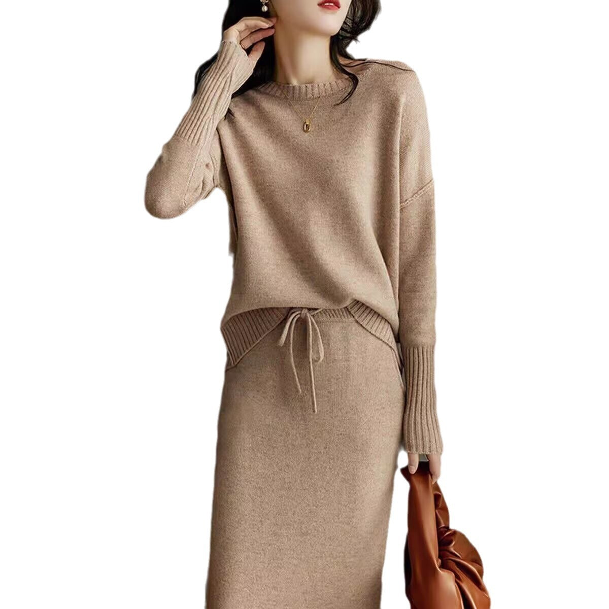 Two-Piece Set: Drawstring High Waist Pure Color Wool Knitted Dress