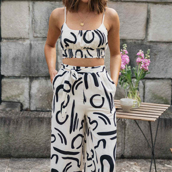 Women's Clothing New Printed Sleeveless Strap Short Top Long Wide-leg Pants