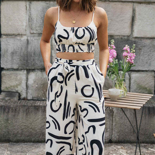 Women's Clothing New Printed Sleeveless Strap Short Top Long Wide-leg Pants