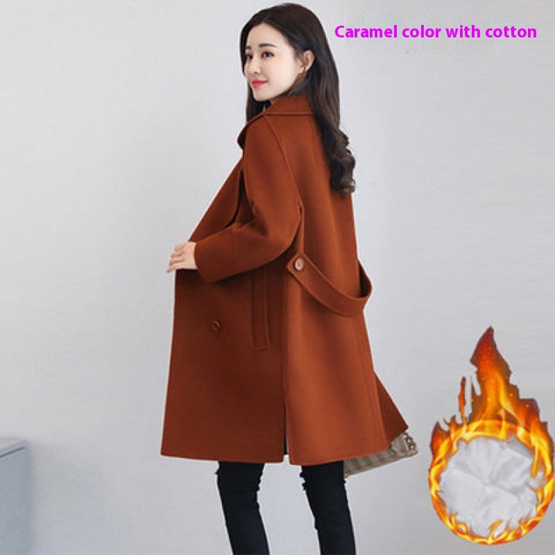 Cotton and Wool Blend Thickened Slimming Wool Overcoat for Women