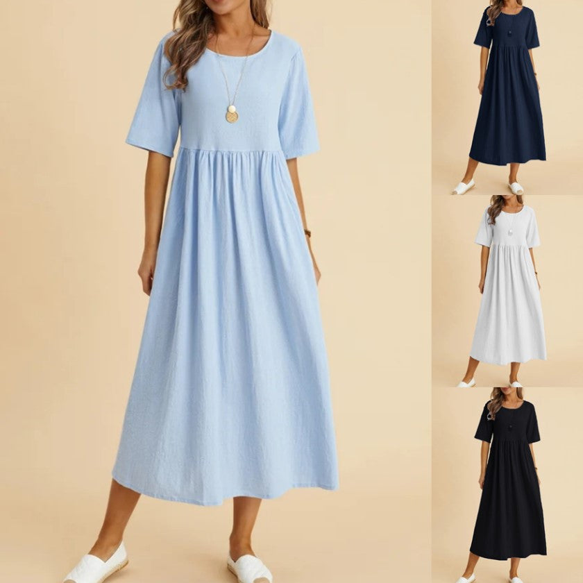 Casual Round-Neck Dress in Loose Cotton Linen, Perfect for Women's Fashion and Comfort