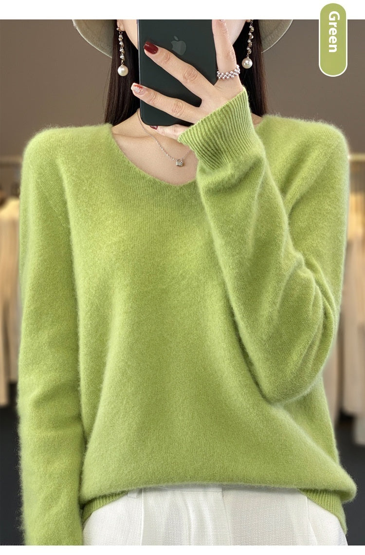 Women's V-Neck Wool Sweater - Solid Color Loose-Fitting Versatile Top for Autumn and Winter