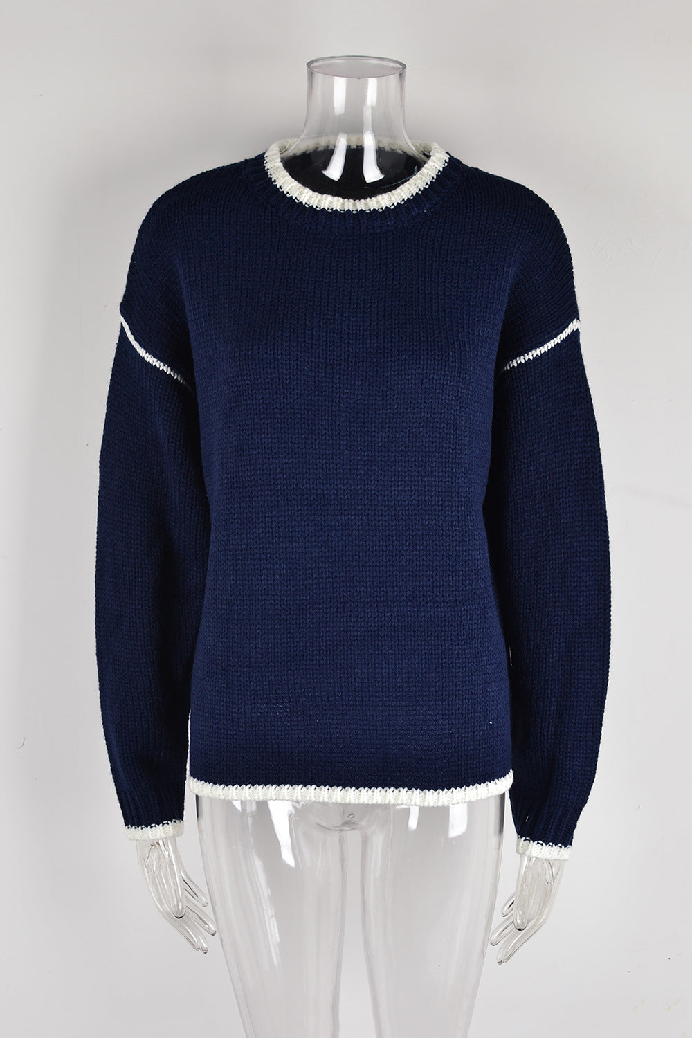 Round Neck Knitwear Pullover with Patchwork Stripes and Contrast Color