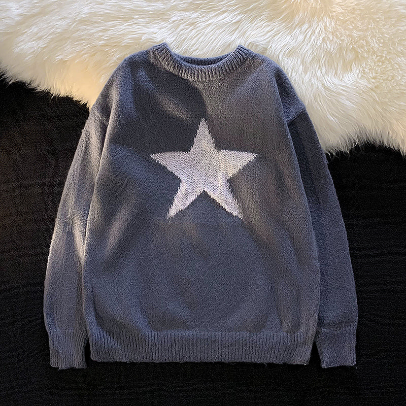 Star Print Round Neck BF Pullover Sweater