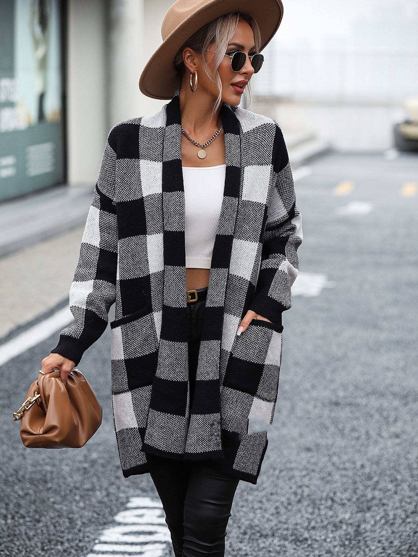 Fashion Sweater: Loose Plaid Color Stitching Knitted Cardigan Coat