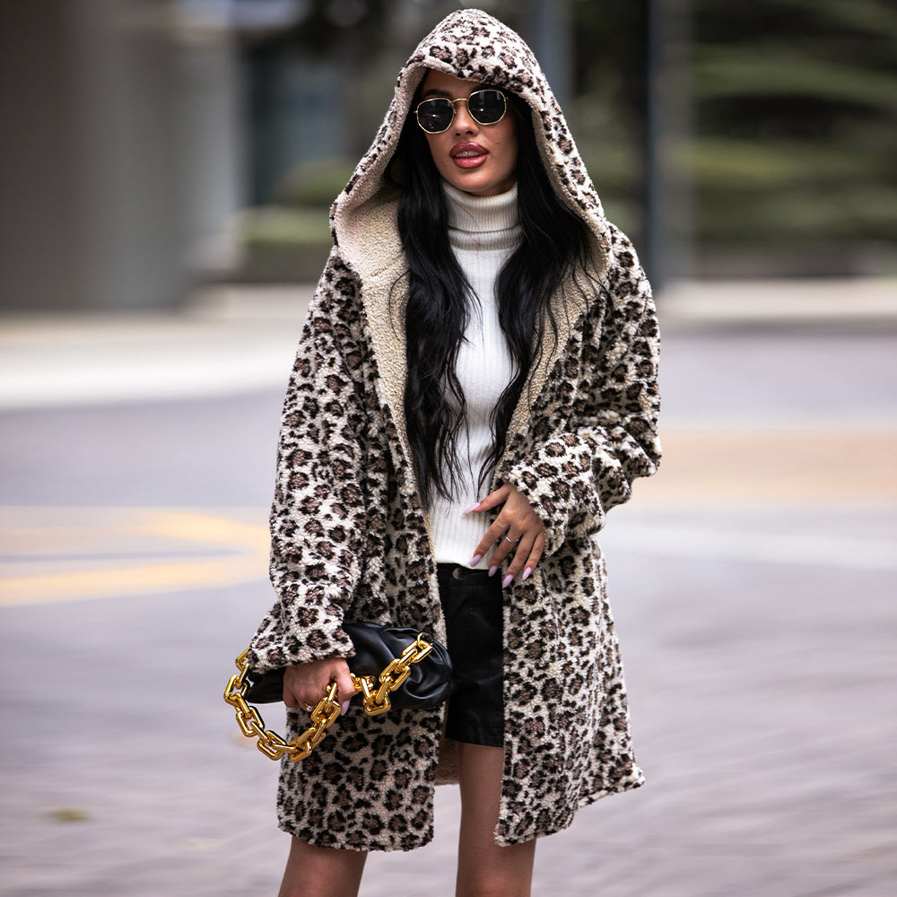 European And American Hooded Plush Top Leopard Fashion Brand Fleece Padded Coat
